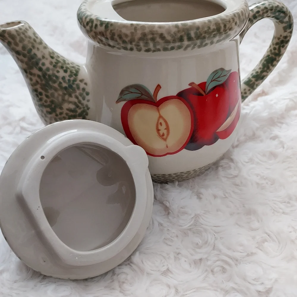 Petite Ceramic Teapot Green Speckled Apple Design Cottagecore Grandmacore